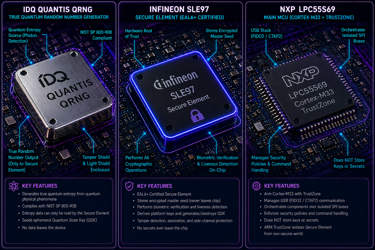 PALLAS core chips — IDQ Quantis QRNG, Infineon SLE97 Secure Element, NXP LPC55S69 MCU