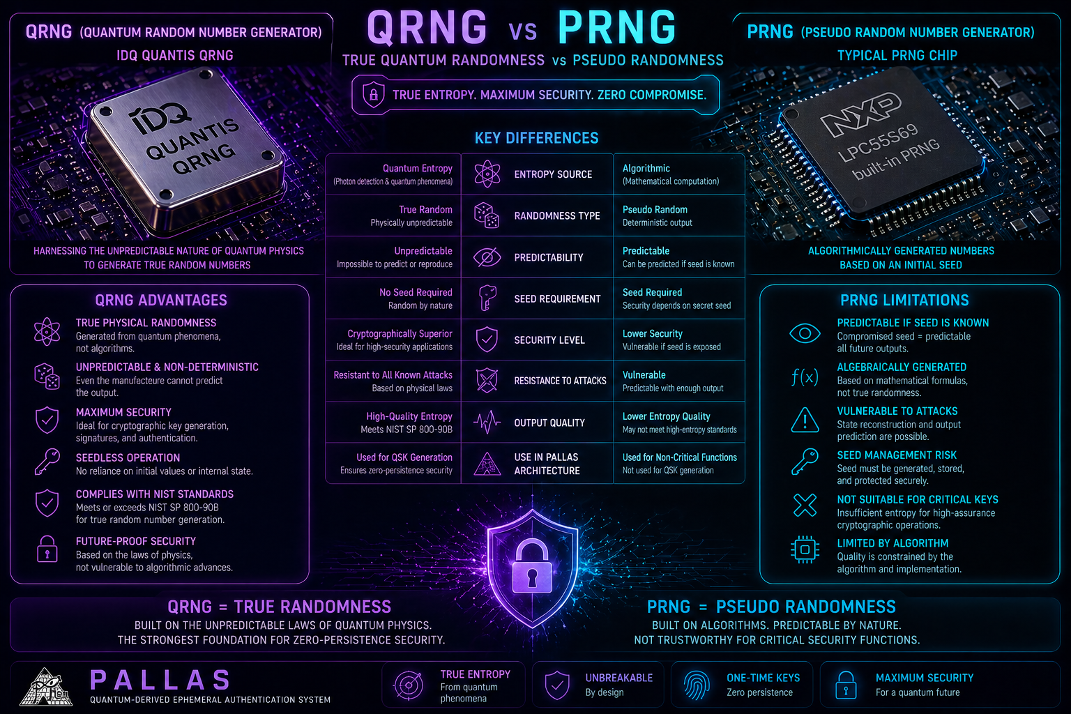 QRNG vs PRNG — True Quantum Randomness vs Pseudo Randomness — PALLAS Architecture